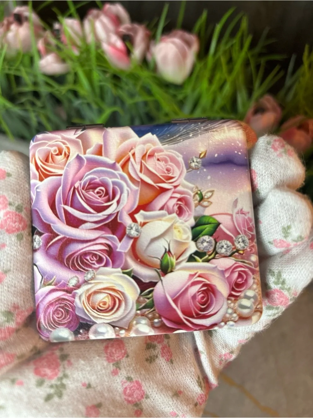 Pink Rose Key & Card Holder Set with Floral Compact and Rose Keyring